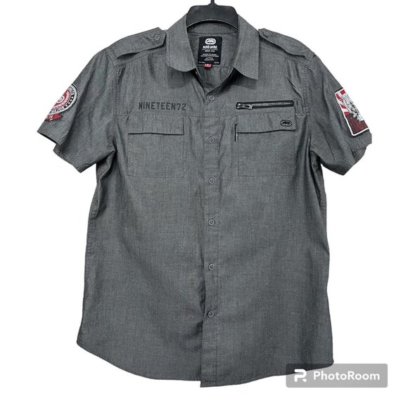 Ecko Unlimited Y2K Men Short Sleeve Button Front Shirt Sz M Gray Graphic Back‎ - Picture 2 of 10